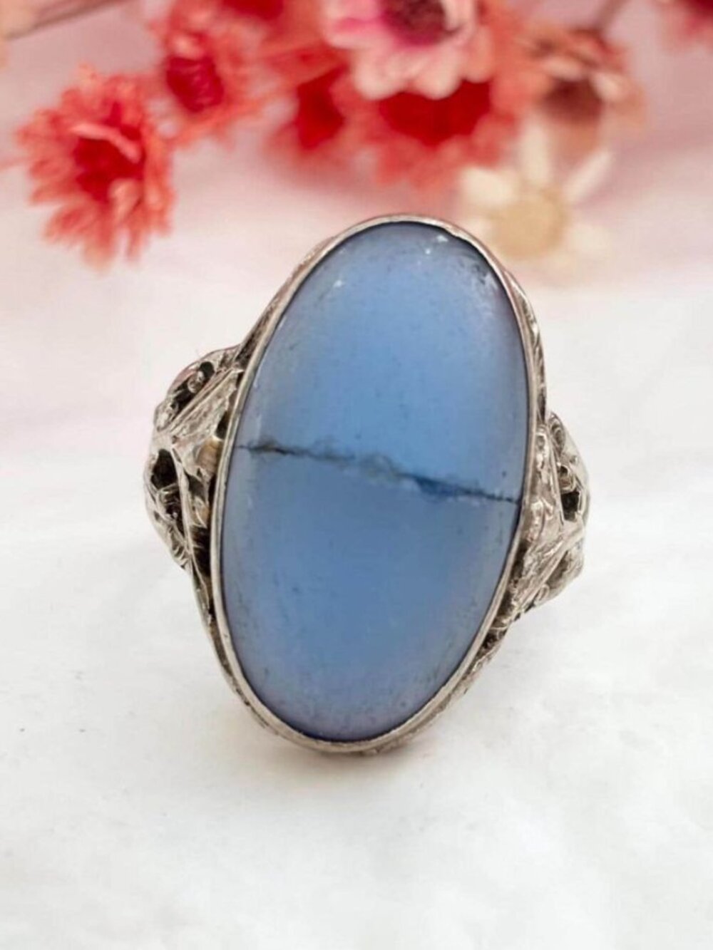 Blue Glass Cabochon Oval Bezel Set Sterling Silver 925 Vintage Ring - sz 6.25